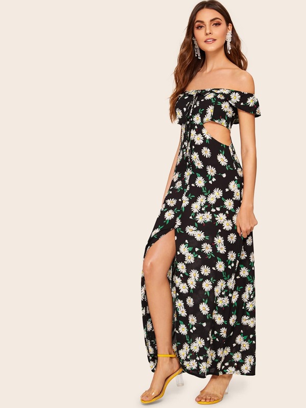 

Sunflower Print Tie Neck Cut Out Off Shoulder Dress, Multicolor, Barbara C