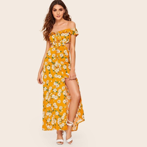 

Calico Print Tie Neck Peekaboo Bardot Dress