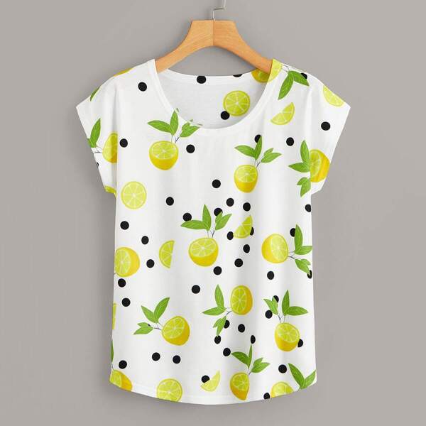 

Lemon Print Cap Sleeve Tee, Multicolor