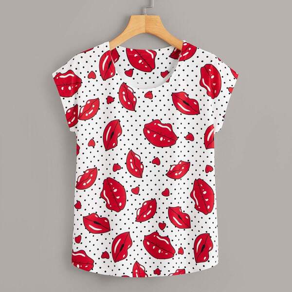 

Polka Dot & Lip Print Cap Sleeve Tee