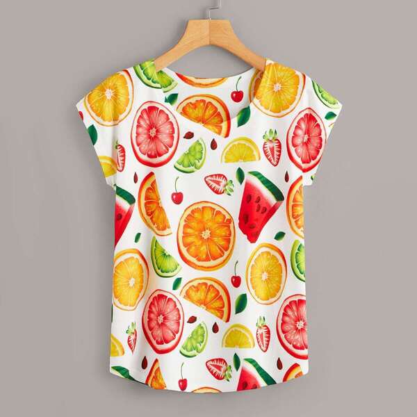 

Fruits Print Cap Sleeve Tee