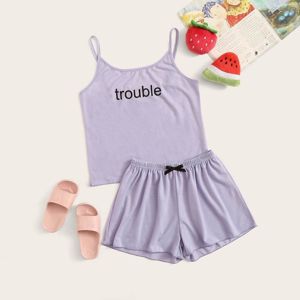 

Girls Letter Print Cami PJ Set, Purple