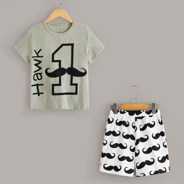 

Boys Mustache & Letter Print Pajama Set, Multicolor