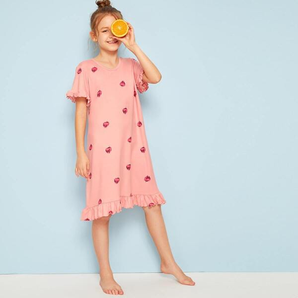 

Girls Strawberry Print Ruffle Hem Night Dress, Pink