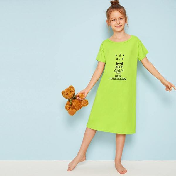 

Girls Neon Lime Panda & Letter Print Night Dress, Green bright
