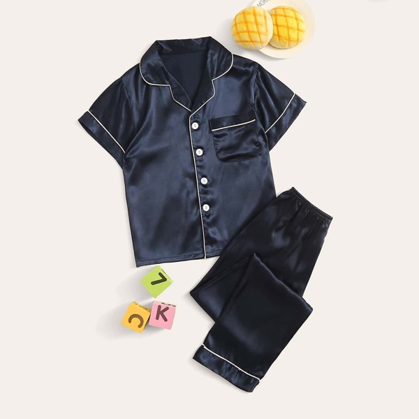 

Boys Contrast Binding Satin Shirt & Pants PJ Set, Navy