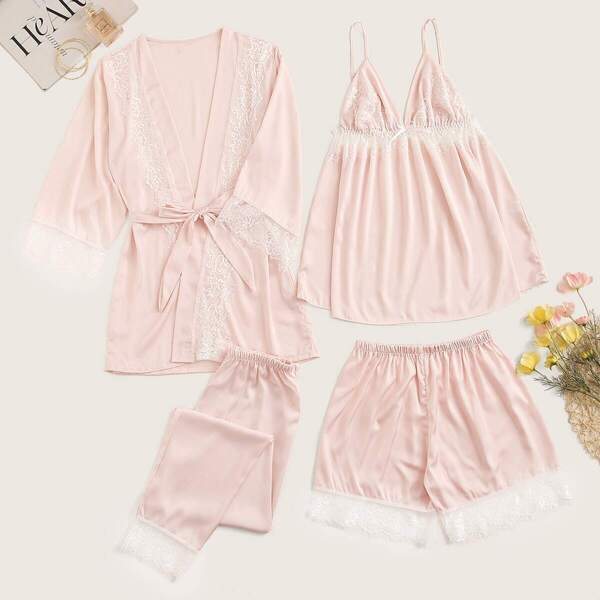

4pcs Contrast Lace Cami PJ Set With Robe