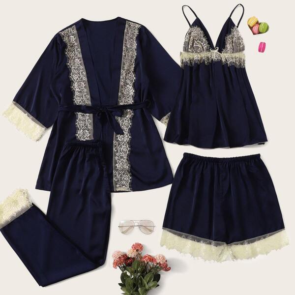 

4pcs Contrast Lace Cami PJ Set With Robe