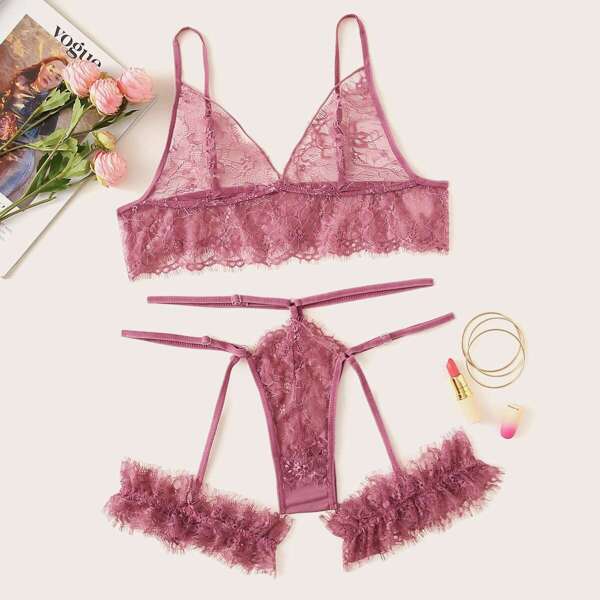 

Eyelash Floral Lace Garter Lingerie Set