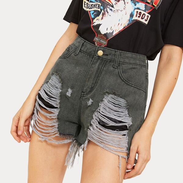 

Button Waist Ripped Denim Shorts