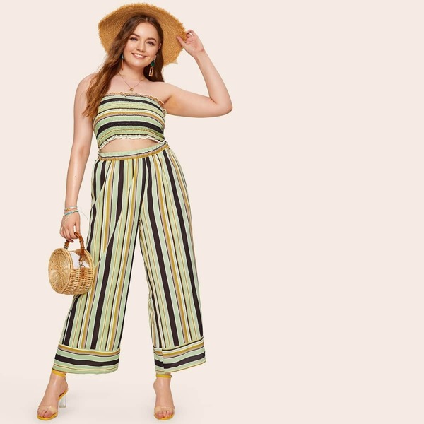 

Plus Shirred Frill Trim Bandeau Top & Striped Culotte Pants Set