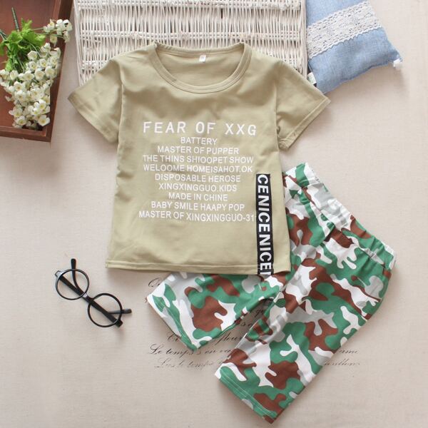 

Toddler Boys Slogan Print Tee With Camo Pants, Multicolor