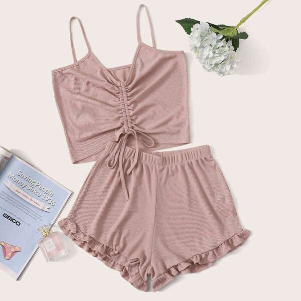 

Ruched Frill Trim Cami PJ Set, Pink