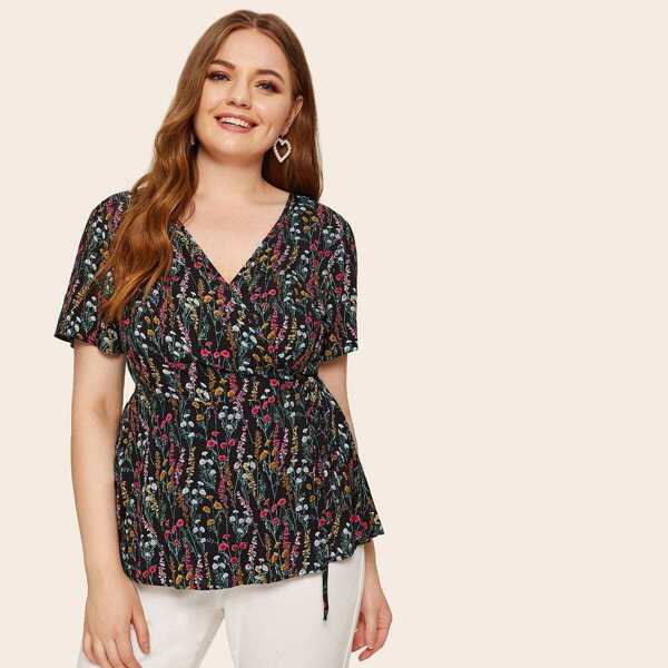 

Plus Ditsy Floral Belted Wrap Blouse