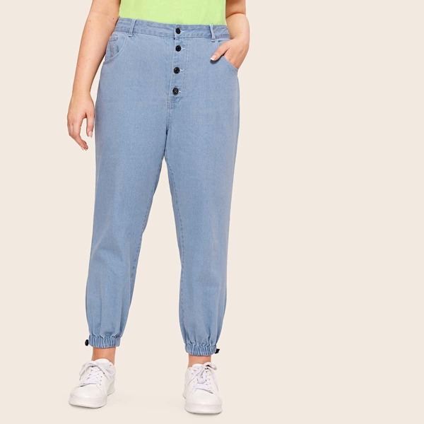 

Plus Button Front Solid Jeans, Blue