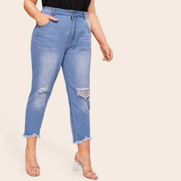 

Plus Raw Hem Ripped Jeans, Blue