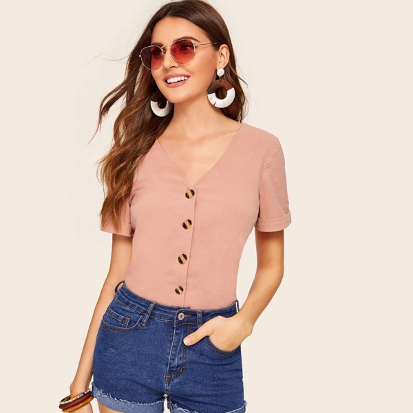 

Button Through Solid Blouse, Pink
