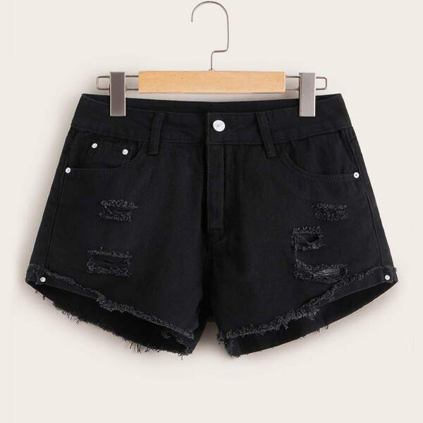 

Plus Raw Hem Ripped Denim Shorts, Black