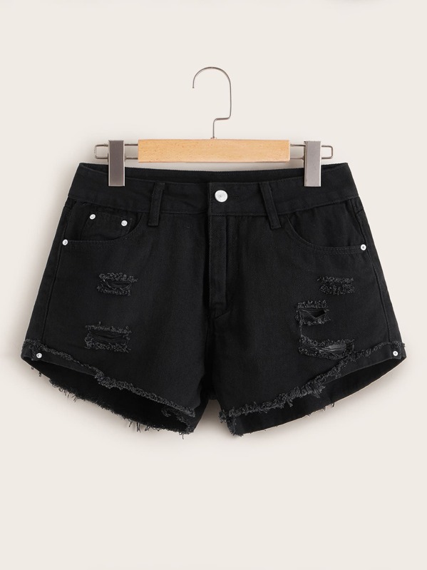 

Plus Raw Hem Ripped Denim Shorts, Black