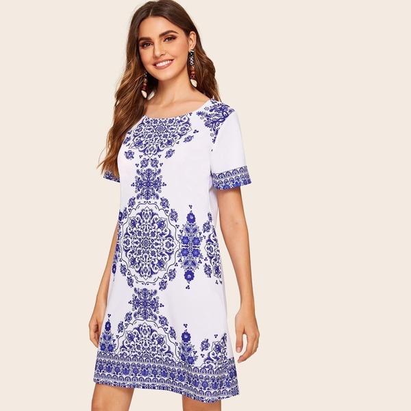 

Blue And White Porcelain Print Dress, Multicolor