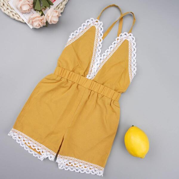 

Baby Girl Contrast Lace Criss-cross Back Romper, Yellow