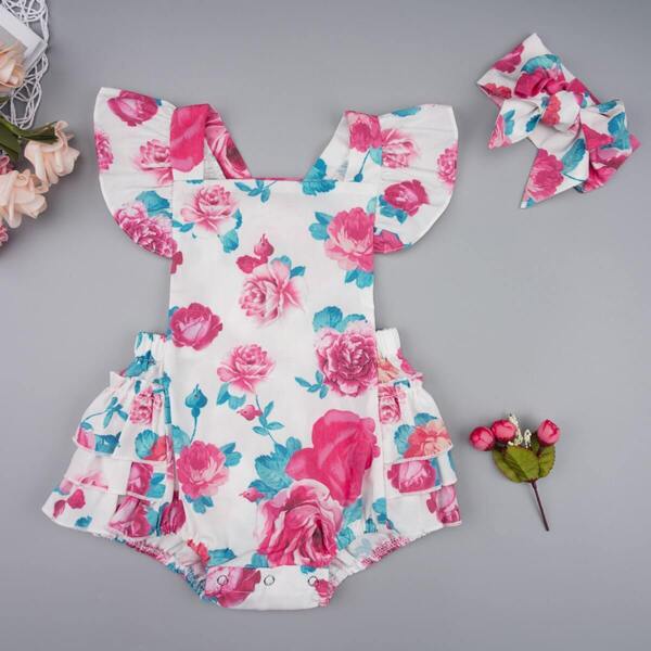 

Baby Girl Super Floral Ruffle Trim Romper & Headband, Multicolor