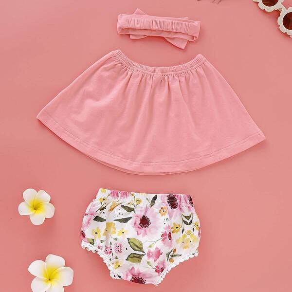 

Baby Girl Solid Bandeau & Floral Print Shorts & Headband