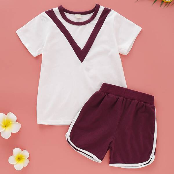 

Toddler Girls Contrast Panel Tee With Track Shorts