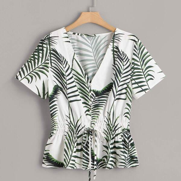 

Plus Tropical Print Knot Shirred Waist Blouse
