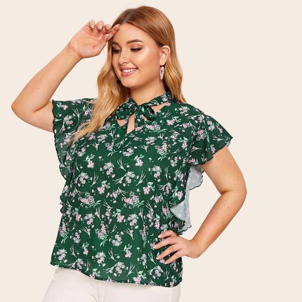 

Plus Ditsy Floral Print Tie Neck Blouse