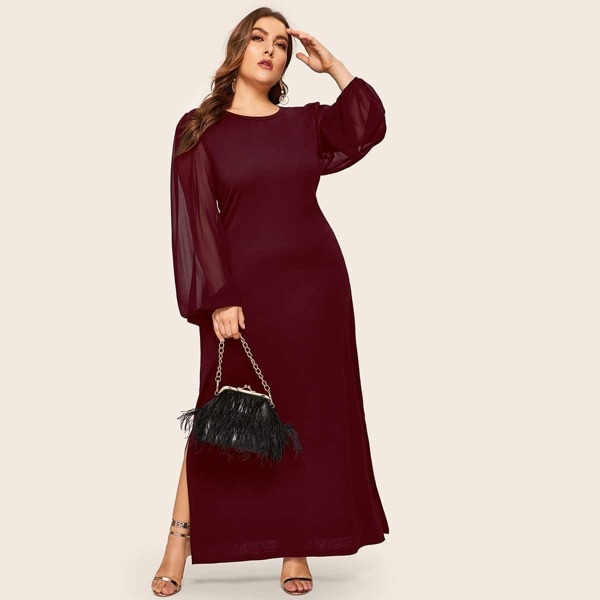 

Plus Contrast Mesh Split Side Maxi Dress, Burgundy