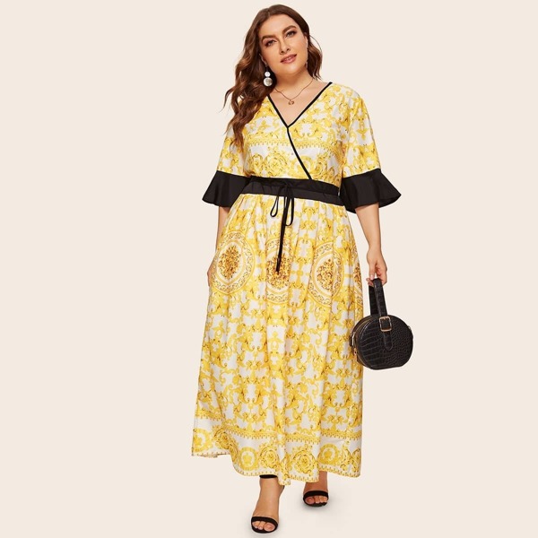 

Plus Surplice Front Self Tie Baroque Print Dress