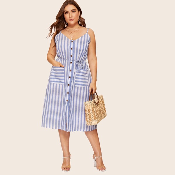 

Plus Striped Button Front Dual Pocket Cami Dress