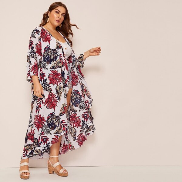 

Plus Leaf Print Longline Kimono