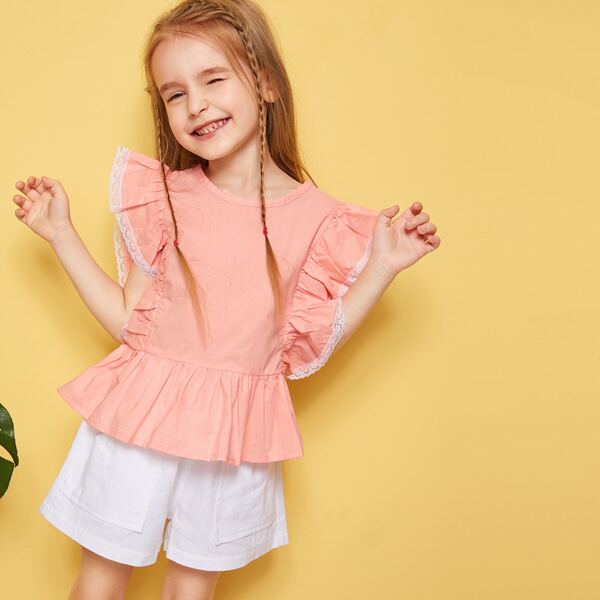 

Toddler Girls Lace Ruffle Armhole Peplum Top, Pink