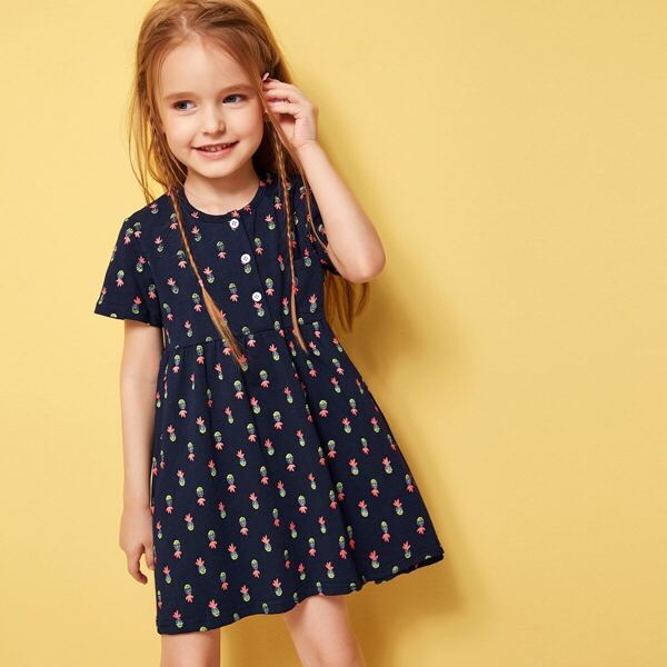

Toddler Girls Button Front Pineapple Print Dress, Navy