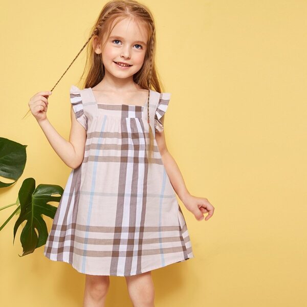 

Toddler Girls Ruffle Armhole Plaid Trapeze Dress