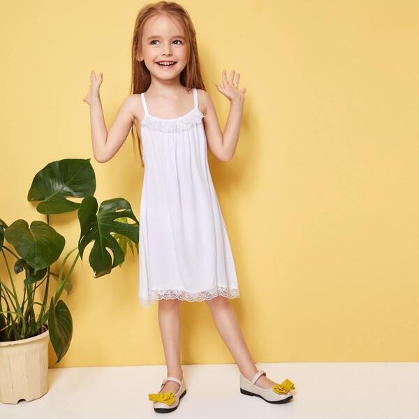 

Toddler Girls Low Side Lace Trim Cami Dress, White
