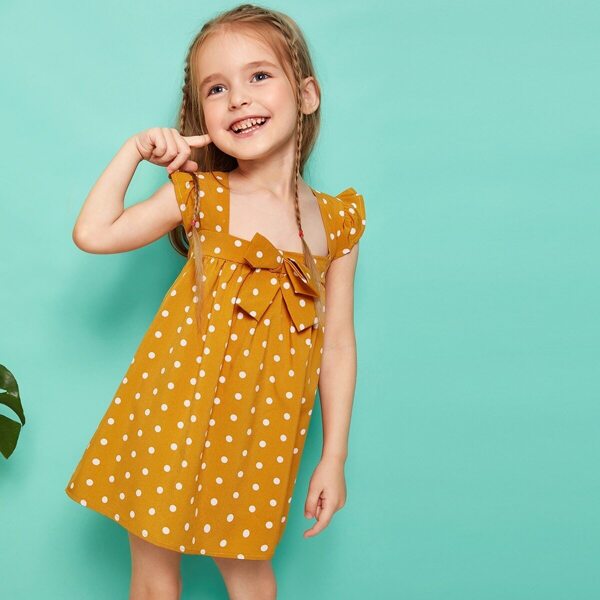 

Toddler Girls Polka-dot Bow Front Ruffle Trim Dress, Yellow