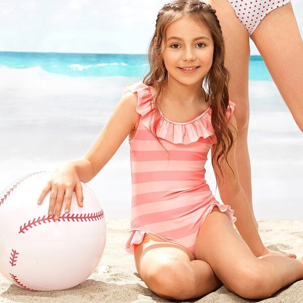 

Girls Striped Ruffle Trim One Piece Swimsuit, Pink pastel