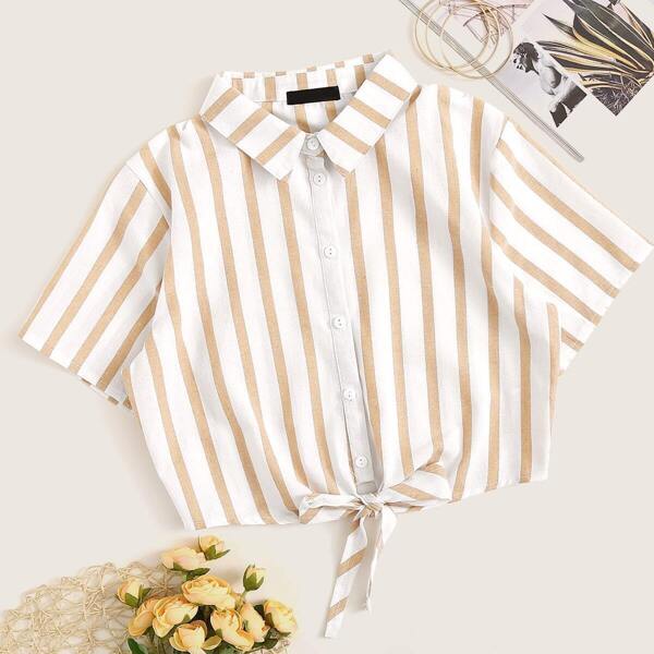 

Tie Hem Striped Crop Blouse, Khaki