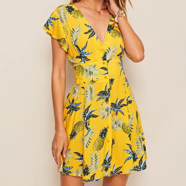 

Button Up Shirred Back Tropical Print Dress