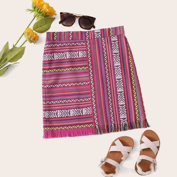 

Girls Raw Hem Striped & Aztec Skirt
