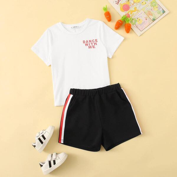 

Girls Slogan Print Tee & Striped Tape Side Shorts Set, Black and white