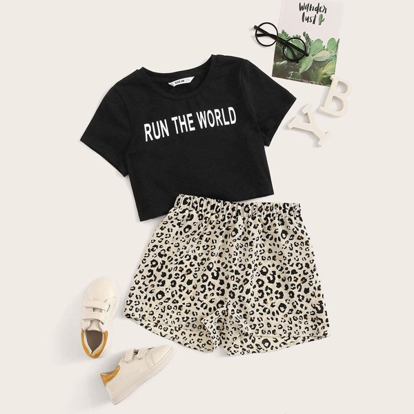 

Girls Slogan Print Top & Leopard Shorts Set