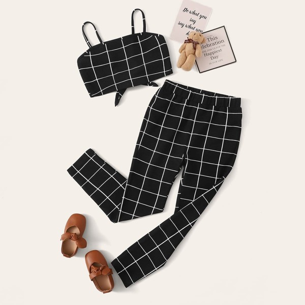 

Girls Tie Back Cami Top & Grid Pants Set, Black