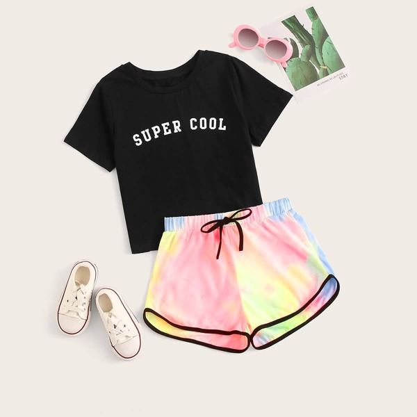 

Girls Slogan Print Tee & Tie Dye Dolphin Shorts Set, Multicolor