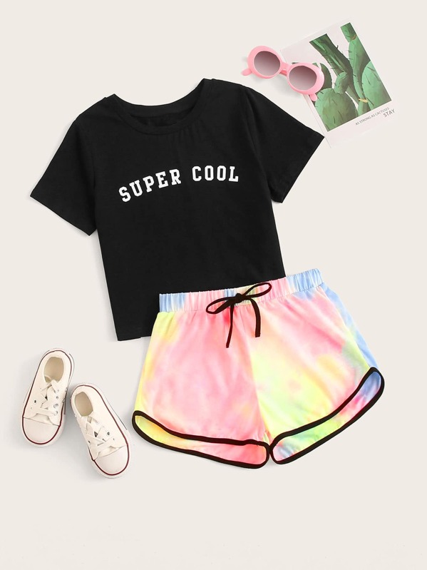 

Girls Slogan Print Tee & Tie Dye Dolphin Shorts Set, Multicolor