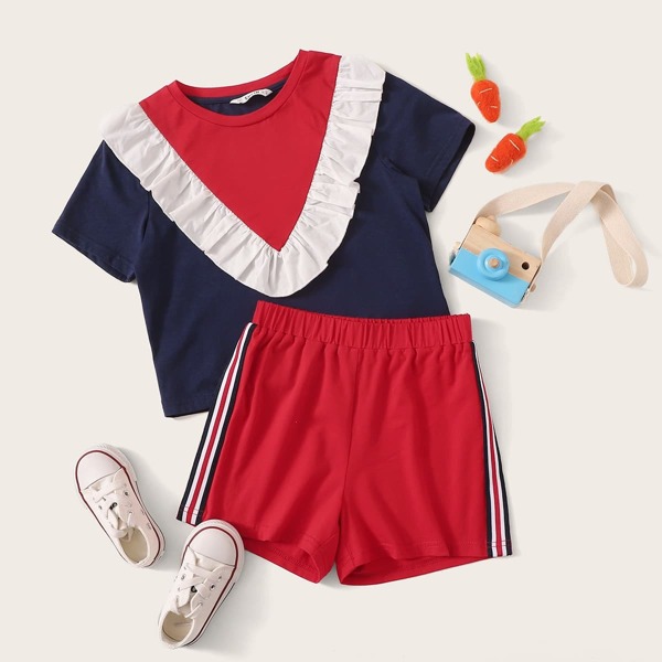 

Girls Colorblock Ruffle Trim Top & Side Striped Shorts Set, Multicolor