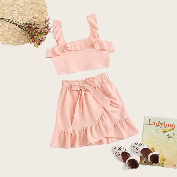 

Girls Ruffle Trim Top & Wrap Skirt Set, Pink